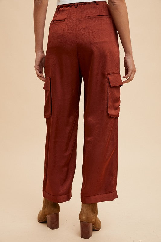 Annie Wear Wide Leg Cargo Satin Pants-BOTTOM SIZES SMALL MEDIUM LARGE-[Adult]-[Female]-2022 Online Blue Zone Planet