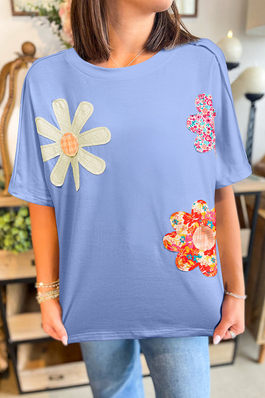 Sky Blue Flower Patched Exposed Stitching Trim Crew Neck Loose Tee-Tops/Tops & Tees-[Adult]-[Female]-Sky Blue-S-2022 Online Blue Zone Planet