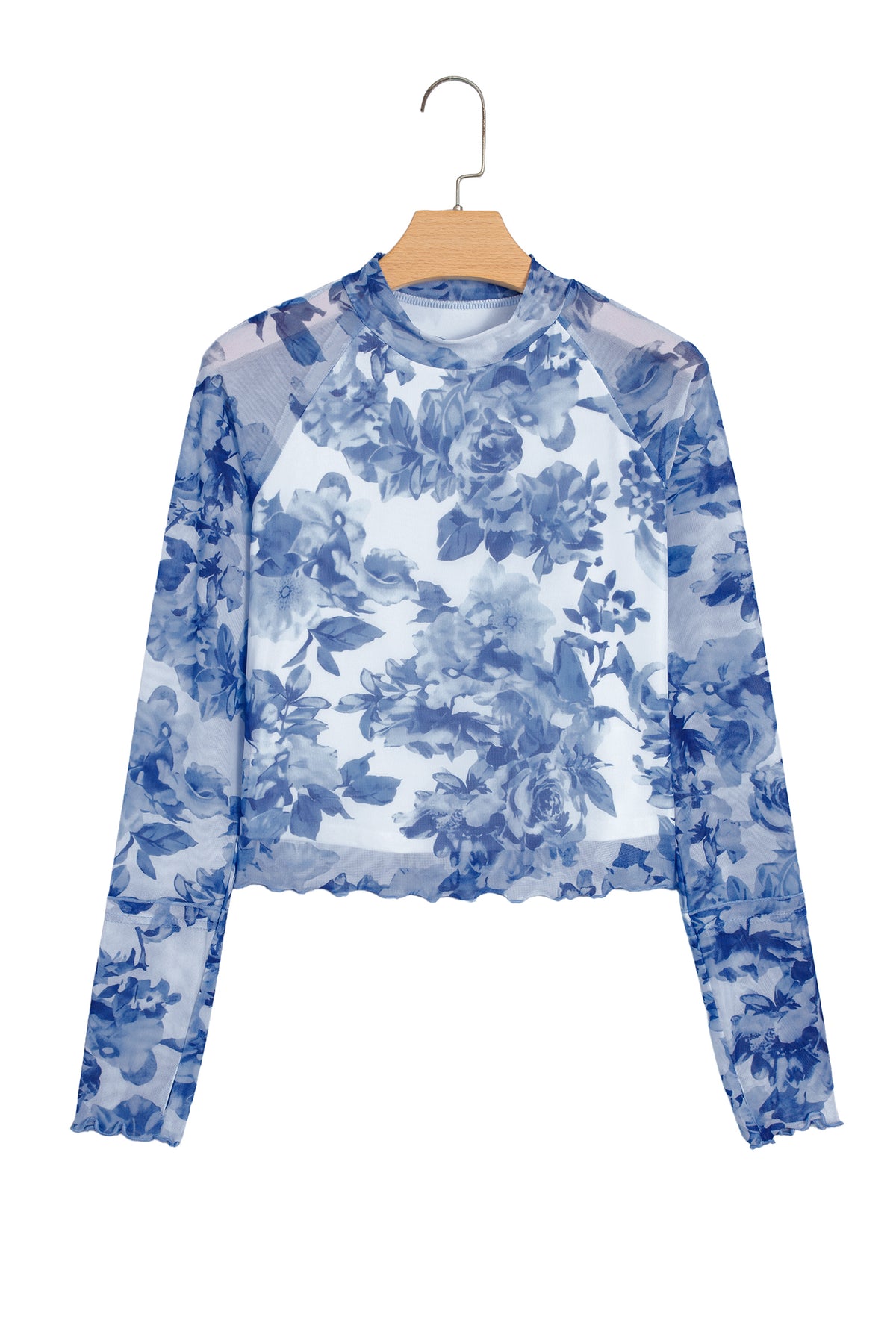 Sky Blue Floral Print Long Sleeve Stand Neck Mesh Top-Tops/Long Sleeve Tops-[Adult]-[Female]-2022 Online Blue Zone Planet