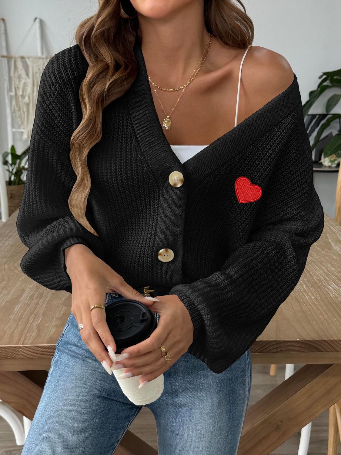 Heart Button Down V-Neck Long Sleeve Cardigan-TOPS / DRESSES-[Adult]-[Female]-2022 Online Blue Zone Planet