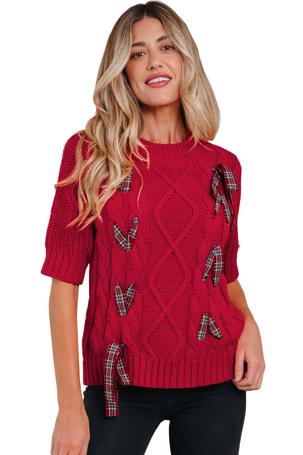 Fiery Red Plaid Lace Up Detail Christmas Holiday Puff Short Sleeve Sweater-TOPS / DRESSES-[Adult]-[Female]-2022 Online Blue Zone Planet