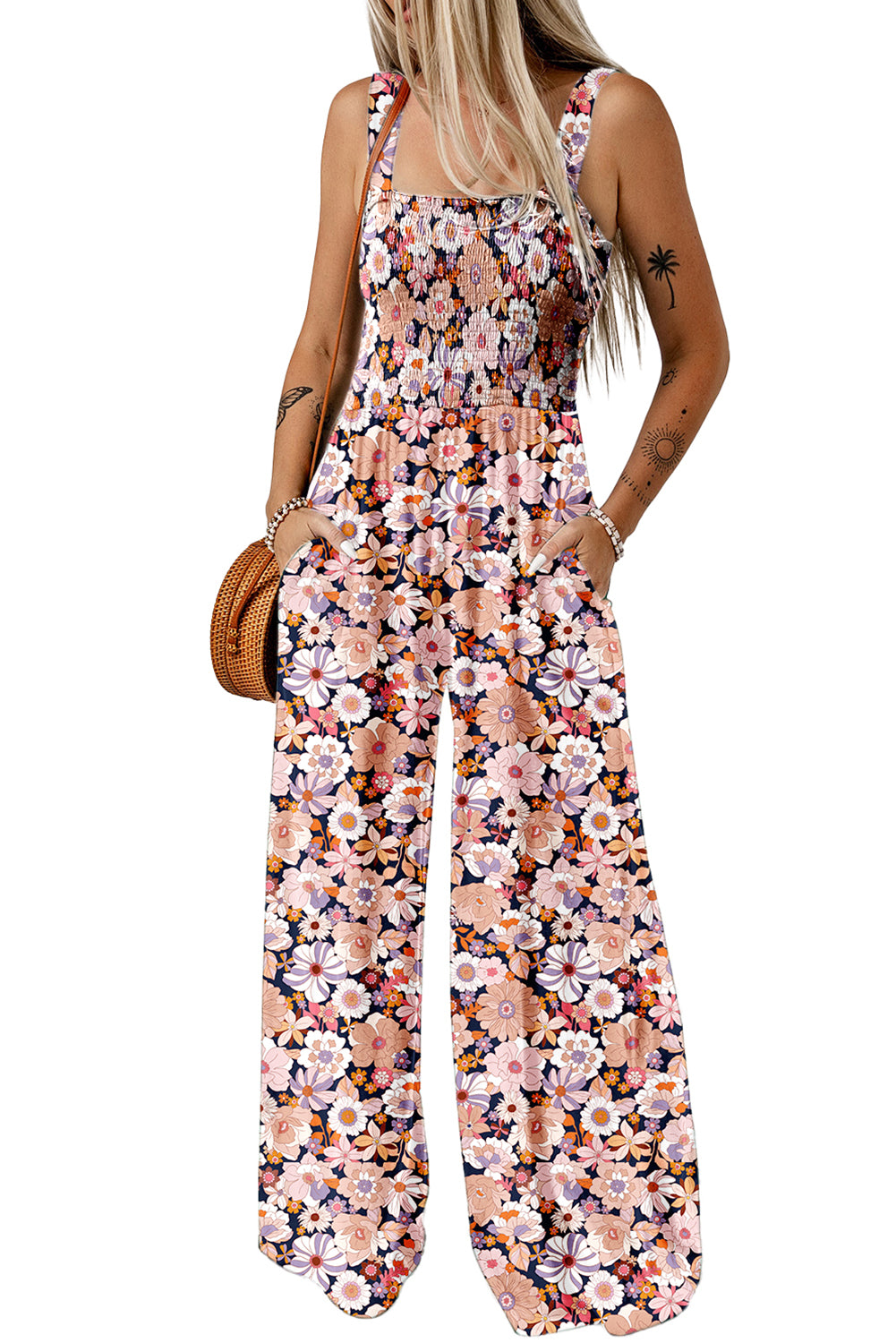 Blue Floral Square Neckline Stretch High Waist Jumpsuit-Jumpsuits-[Adult]-[Female]-2022 Online Blue Zone Planet