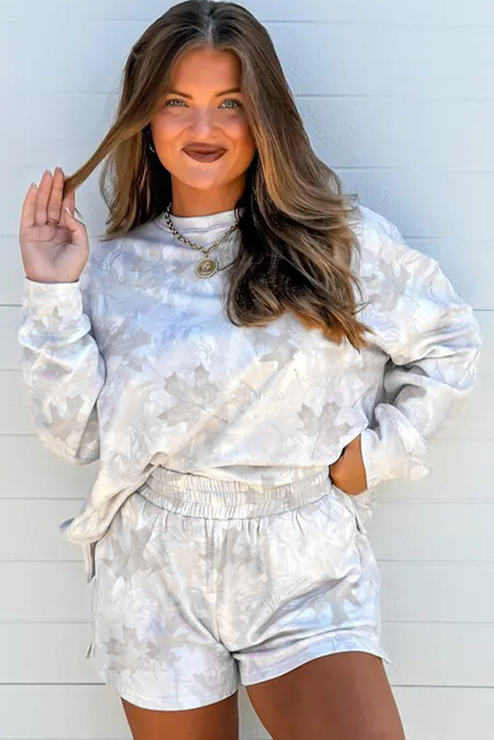 Beige Camo Print Pullover Top And Elastic Waist Casual Short Set-Two Piece Sets/Short Sets-[Adult]-[Female]-2022 Online Blue Zone Planet