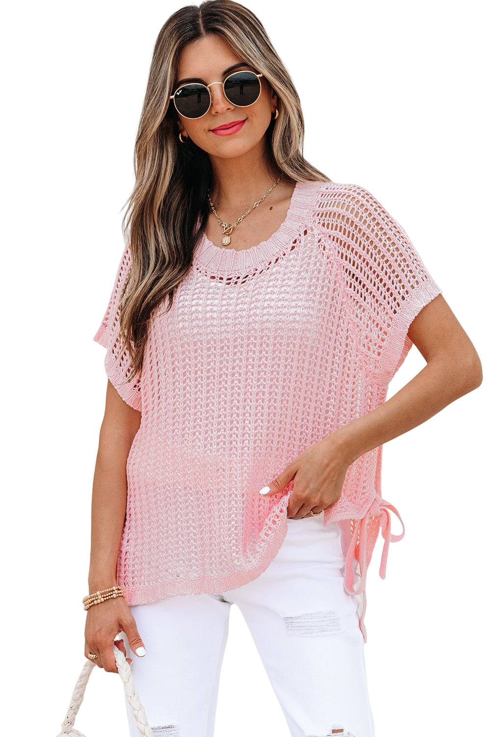Pink Hollow-Out Crochet Side Tied Short Sleeve Sweater-TOPS / DRESSES-[Adult]-[Female]-2022 Online Blue Zone Planet