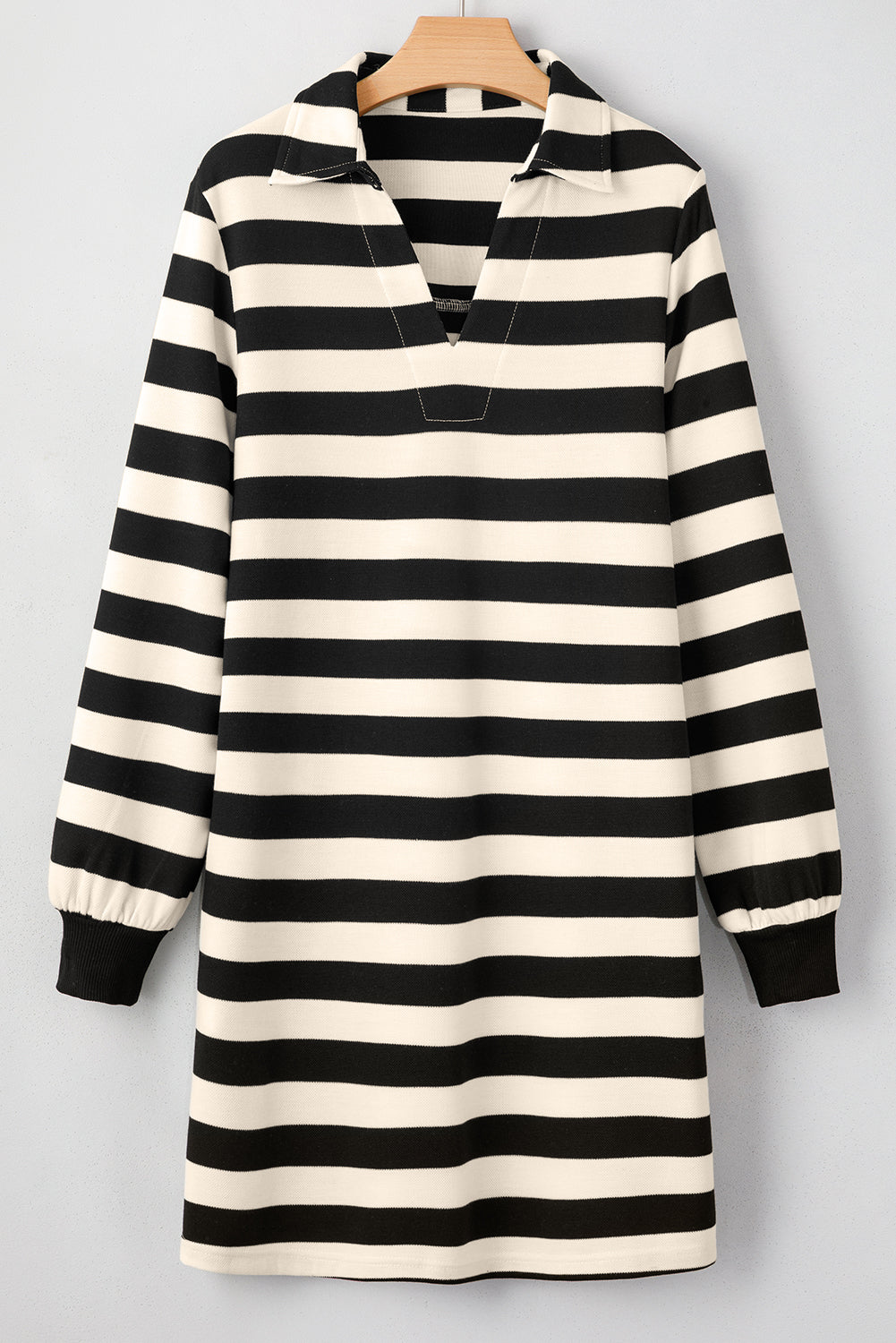 Blue Zone Planet | Black Stripe Collared V Neck Long Sleeve Loose Casual Dress-TOPS / DRESSES-[Adult]-[Female]-2022 Online Blue Zone Planet