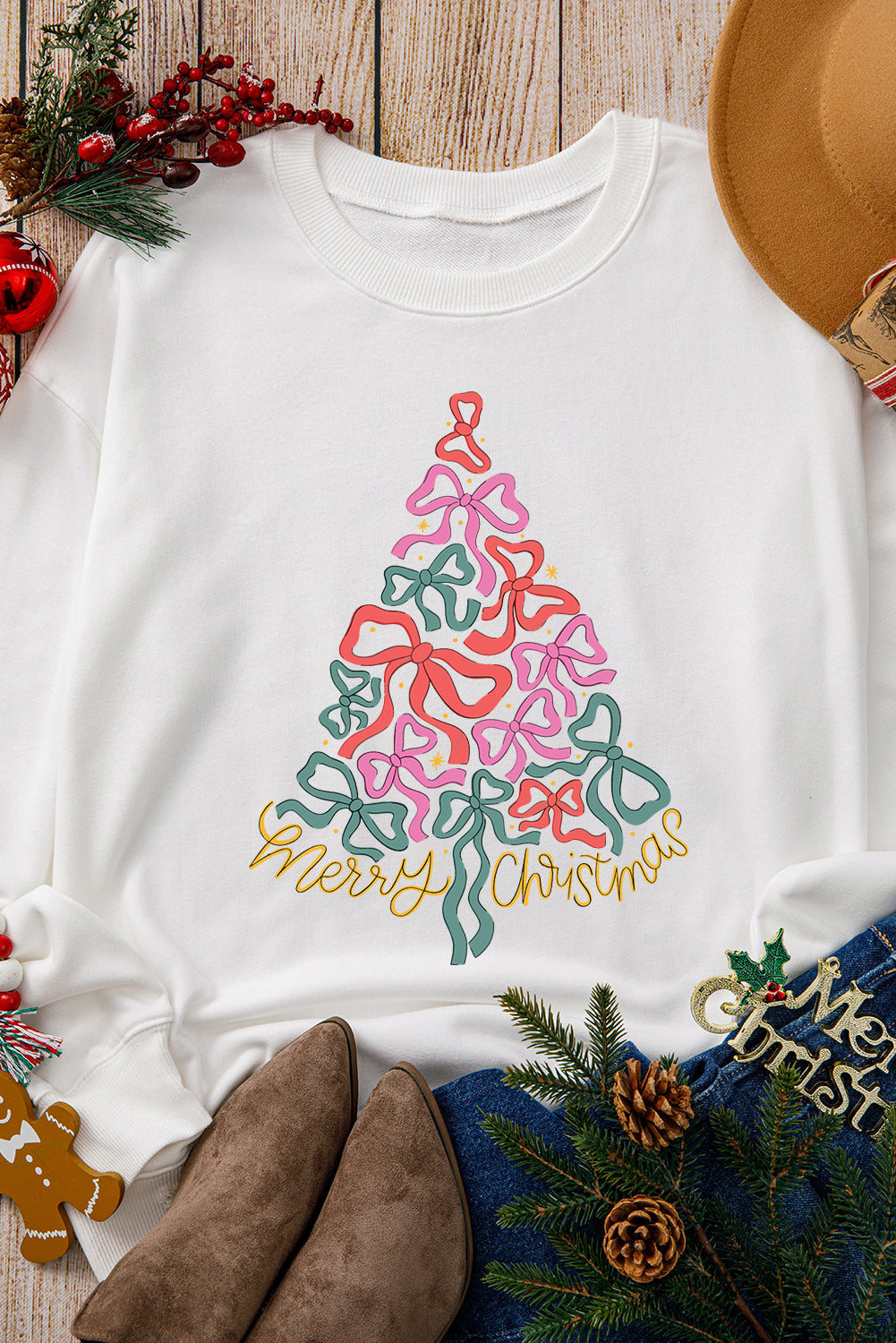 Beige Bow Christmas Tree Print Crew Neck Loose Sweatshirt-Graphic Sweatshirts-[Adult]-[Female]-2022 Online Blue Zone Planet