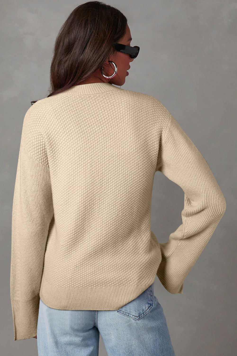 Parchment Solid Textured Knit Split Cuff Drop Shoulder Loose Sweater-Sweaters & Cardigans/Sweaters-[Adult]-[Female]-2022 Online Blue Zone Planet