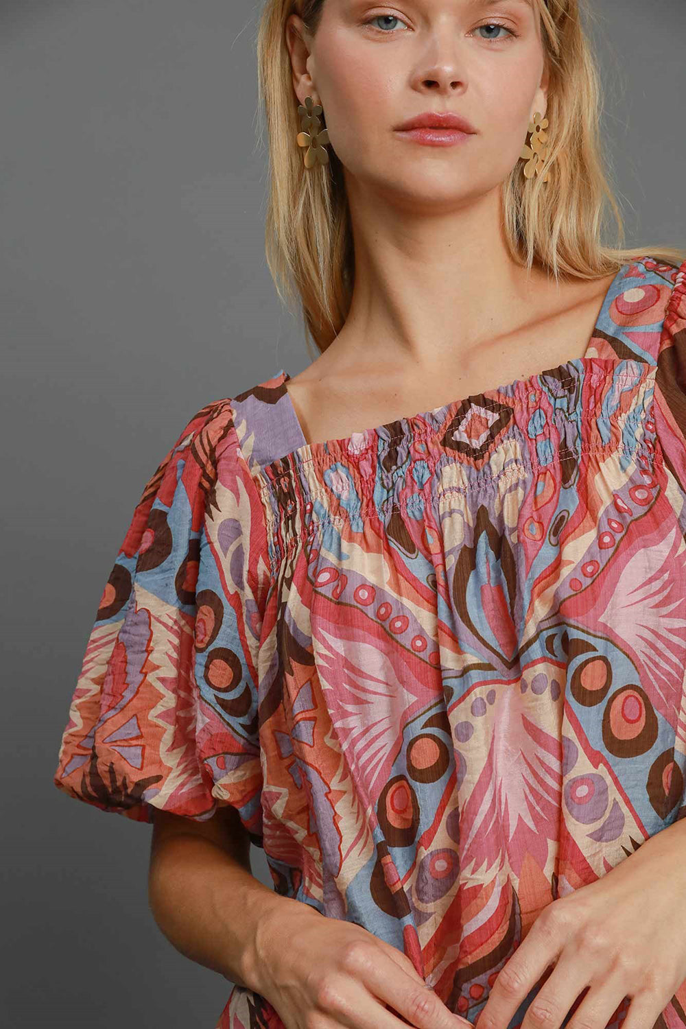 Umgee Full Size Abstract Print Smocked Square Neck Puff Sleeve Blouse-TOPS / DRESSES-[Adult]-[Female]-2022 Online Blue Zone Planet