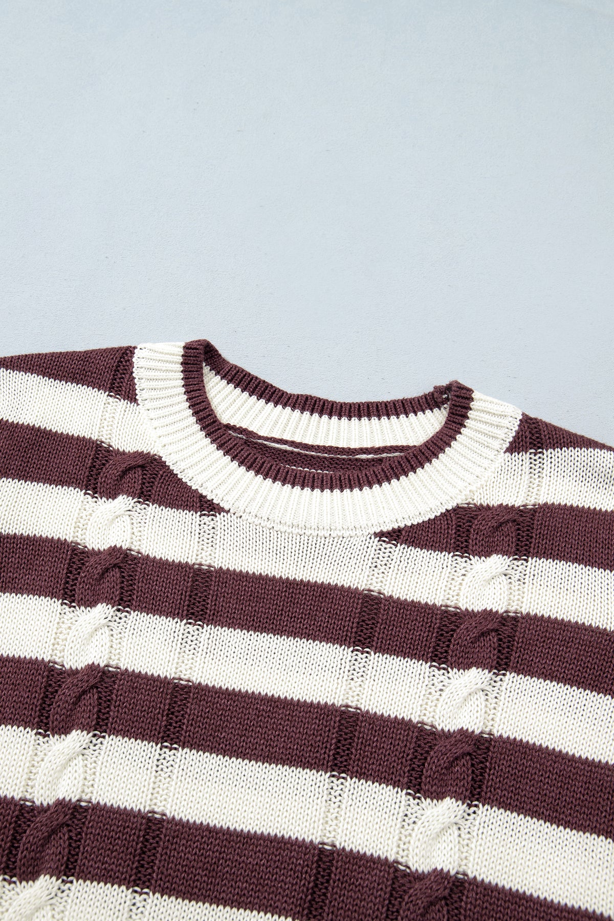 Brown Stripe Ribbed Knit Cable Detail Short Sleeve Sweater-TOPS / DRESSES-[Adult]-[Female]-2022 Online Blue Zone Planet