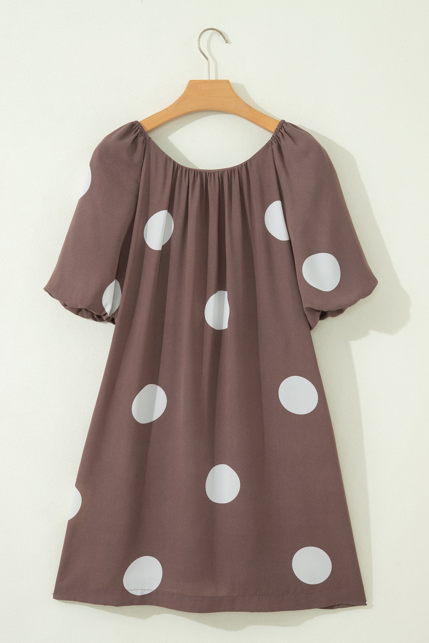 Brown Polka Dot Print Knot Back Short Puff Sleeve Loose Mini Dress-TOPS / DRESSES-[Adult]-[Female]-2022 Online Blue Zone Planet