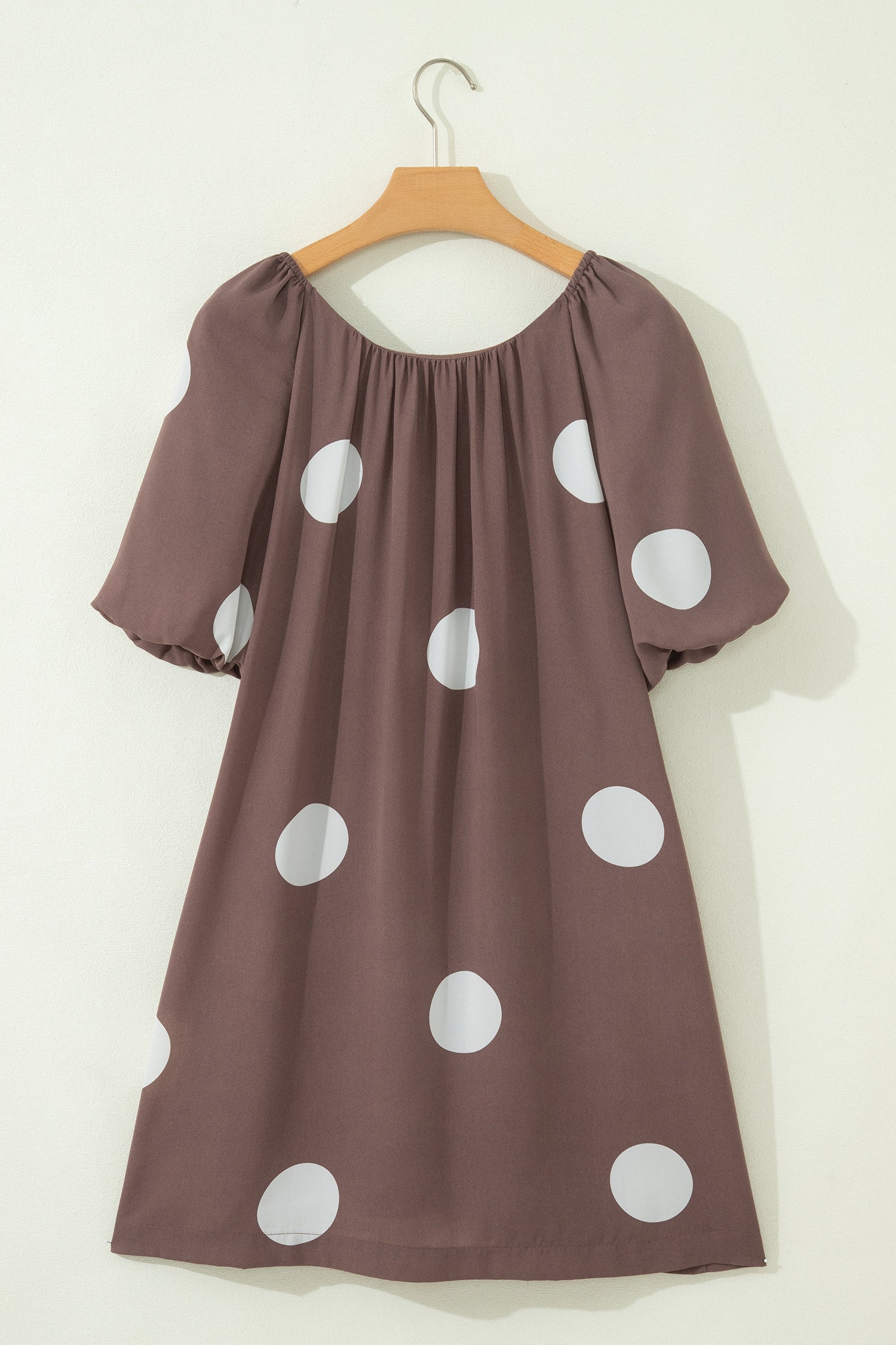 Brown Polka Dot Print Knot Back Short Puff Sleeve Loose Mini Dress-TOPS / DRESSES-[Adult]-[Female]-2022 Online Blue Zone Planet