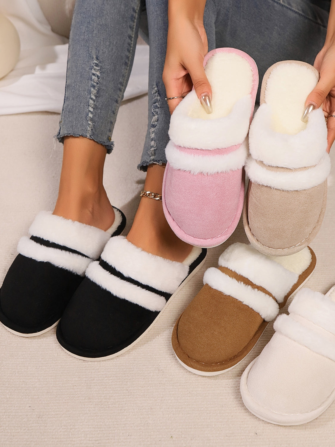 Contrast Faux Fur Round Toe Slippers-SHOES-[Adult]-[Female]-2022 Online Blue Zone Planet