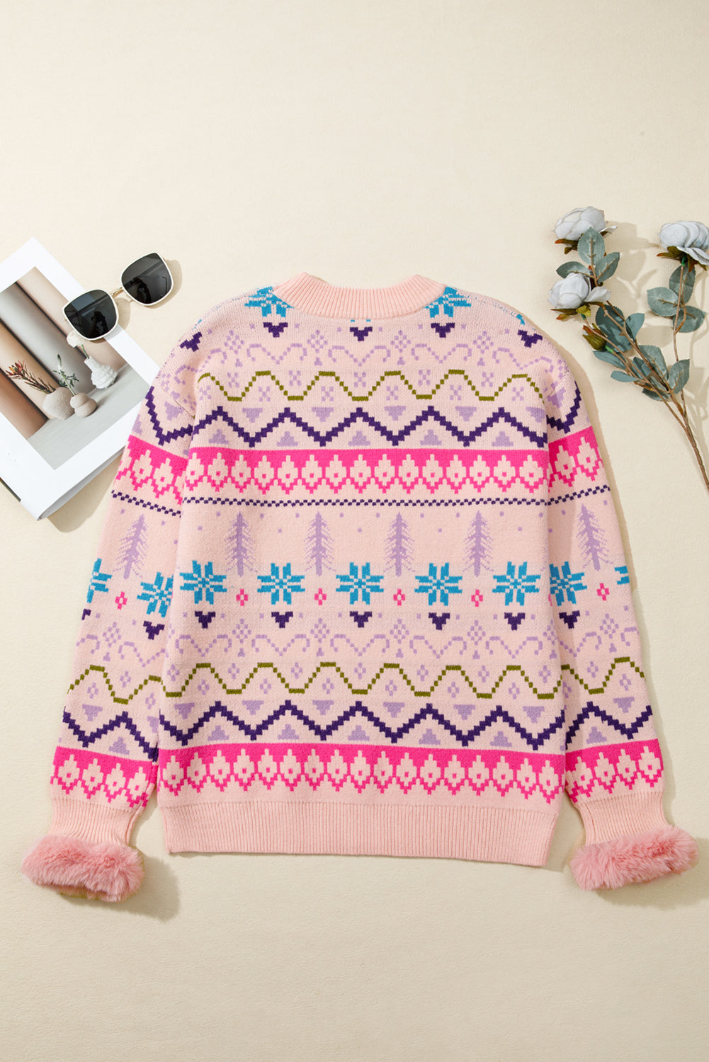 Multicolour Ethnic Christmas Pattern Knit Feather Cuffed Sweater-TOPS / DRESSES-[Adult]-[Female]-2022 Online Blue Zone Planet