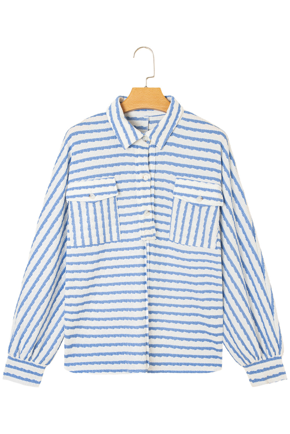 Sky Blue Stripe Half Button Collared Chest Pockets Loose Fit Blouse-Tops/Blouses & Shirts-[Adult]-[Female]-2022 Online Blue Zone Planet