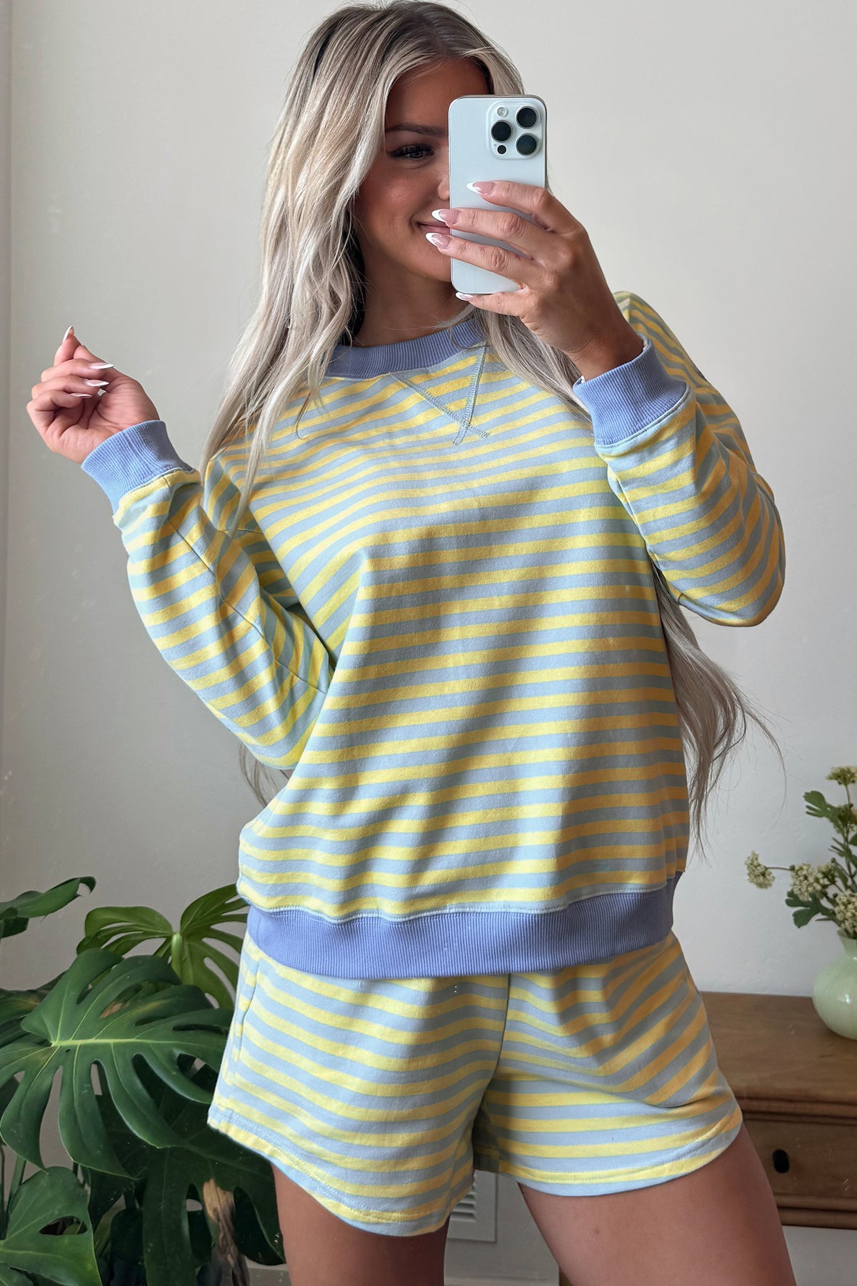 Yellow Stripe Color Block Detail Long Sleeve Pullover Elastic Waist Pull On Shorts 2pcs Set-Two Piece Sets/Short Sets-[Adult]-[Female]-2022 Online Blue Zone Planet