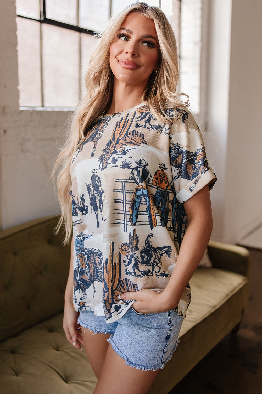 Khaki Western Cowboy Print Cuffed Sleeve Crewneck T Shirt-Tops/Tops & Tees-[Adult]-[Female]-2022 Online Blue Zone Planet