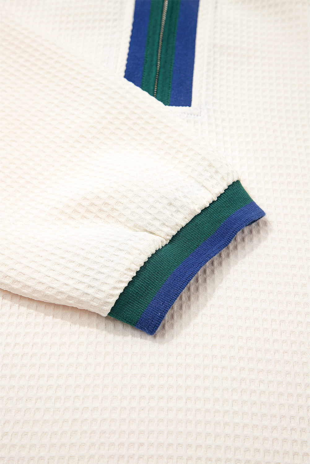 White Waffle Textured Contrast Polo Neck Zip up Jumper-Tops/Long Sleeve Tops-[Adult]-[Female]-2022 Online Blue Zone Planet