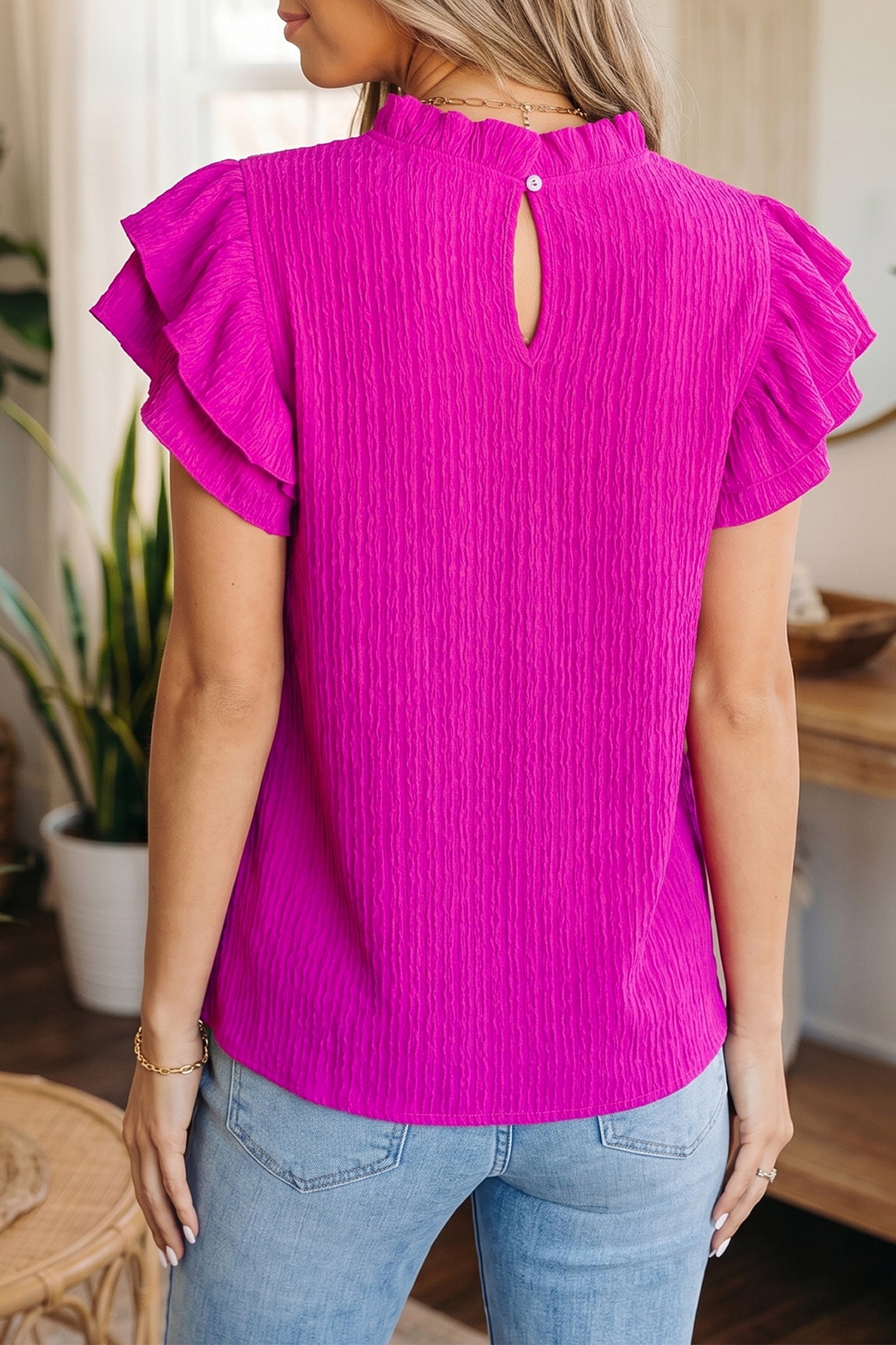 White Solid Color Textured Ruffle Trim Short Sleeve Blouse-Tops/Blouses & Shirts-[Adult]-[Female]-2022 Online Blue Zone Planet