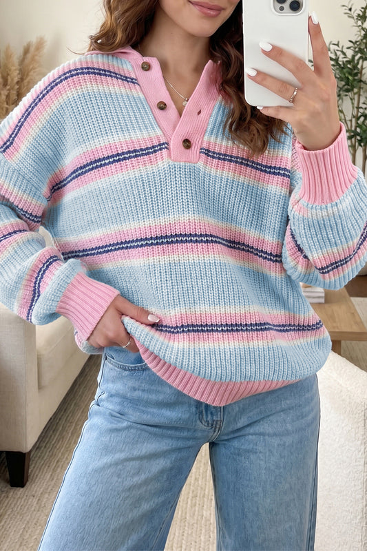 Sky Blue Stripe Striped Button Collar Long Sleeve Shift Fit Winter Knitwear Sweater-TOPS / DRESSES-[Adult]-[Female]-Sky Blue Stripe-S-2022 Online Blue Zone Planet