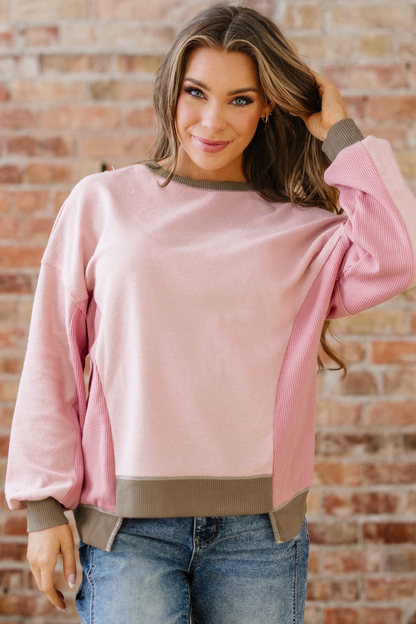 Light Pink Color Block Mix Texture Waffle Patchwork Oversize Sweatshirt-Tops/Sweatshirts & Hoodies-[Adult]-[Female]-2022 Online Blue Zone Planet