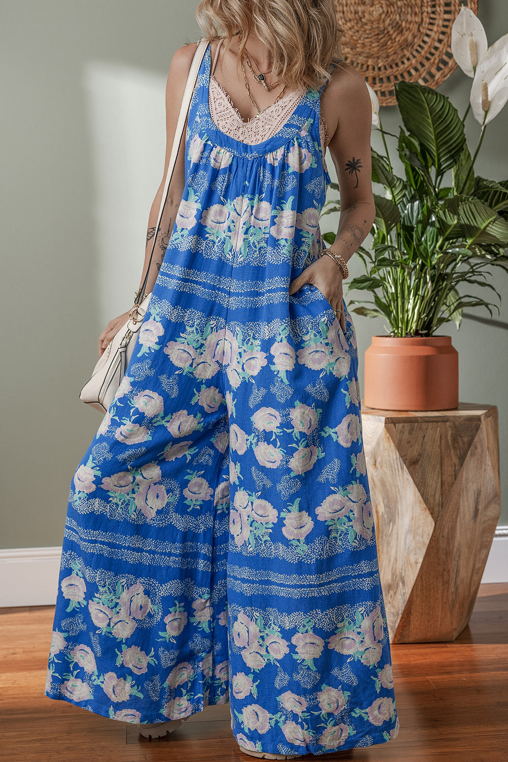 Blue Floral Print Wide Leg Sleeveless Jumpsuit-Bottoms/Jumpsuits & Rompers-[Adult]-[Female]-2022 Online Blue Zone Planet