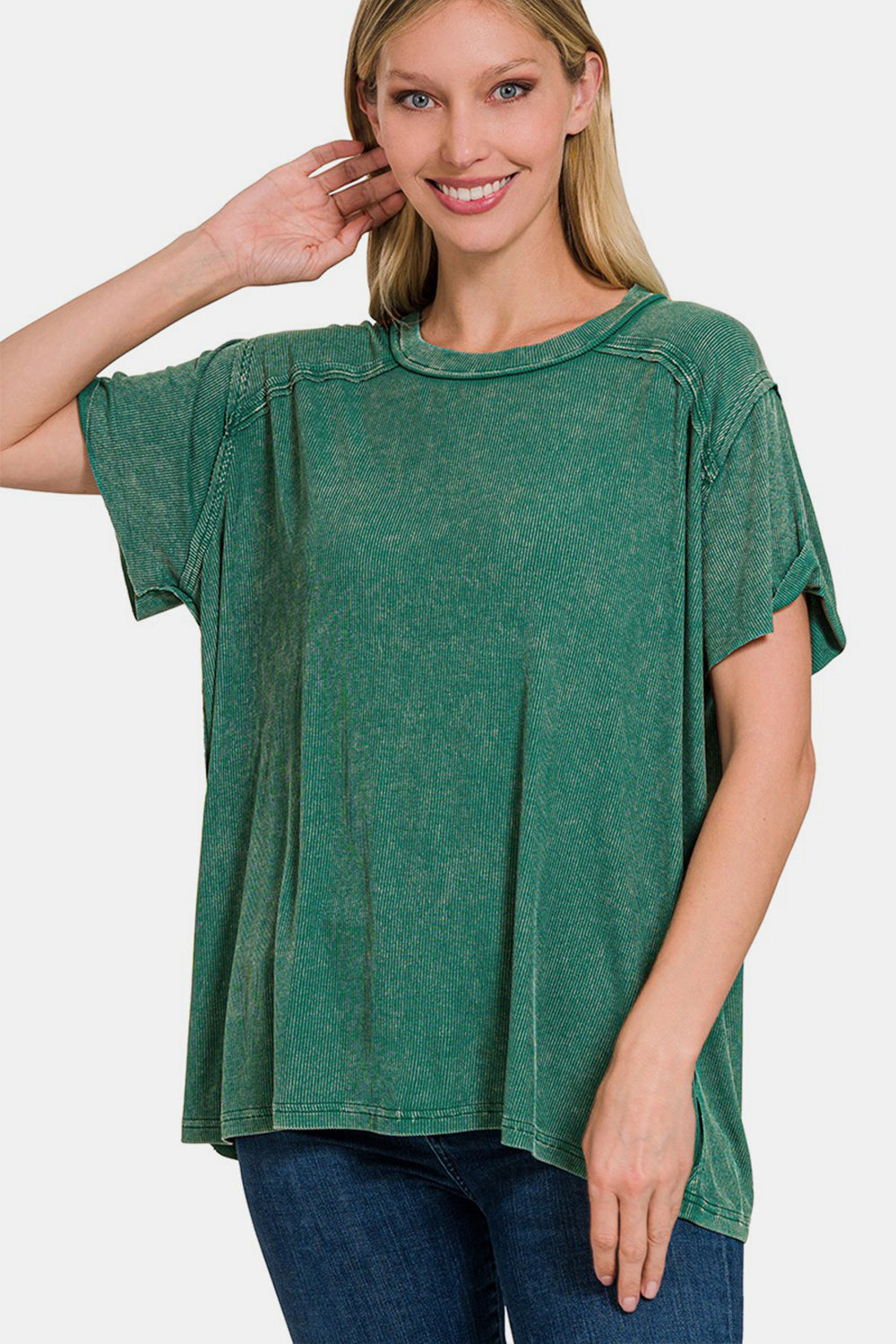 Blue Zone Planet | Zenana Washed Ribbed Short Sleeve Top-TOPS / DRESSES-[Adult]-[Female]-DKGREEN-S/M-2022 Online Blue Zone Planet