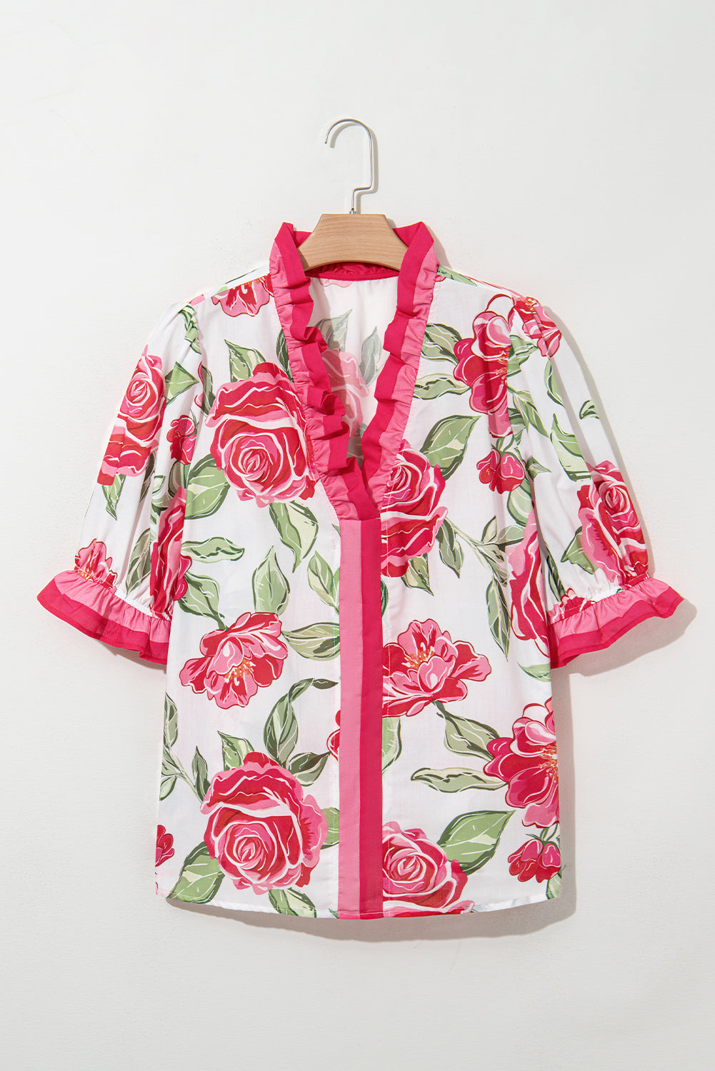 Rose Plus Size Floral Print Frilled Stripes Detail Short Sleeve Blouse-Plus Size/Plus Size Tops/Plus Size Blouses & Shirts-[Adult]-[Female]-2022 Online Blue Zone Planet