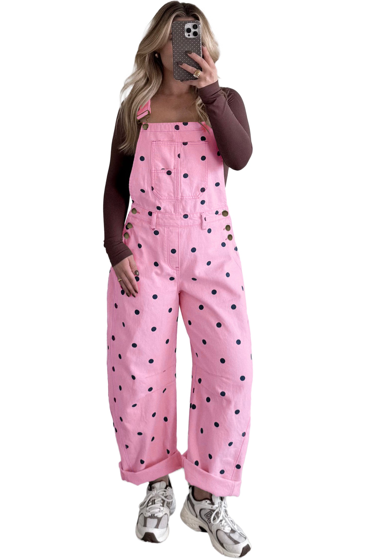Jet Stream Polka Dot Print Bib Pocket Denim Barrel Overalls Jumpsuit-Bottoms/Jumpsuits & Rompers-[Adult]-[Female]-2022 Online Blue Zone Planet