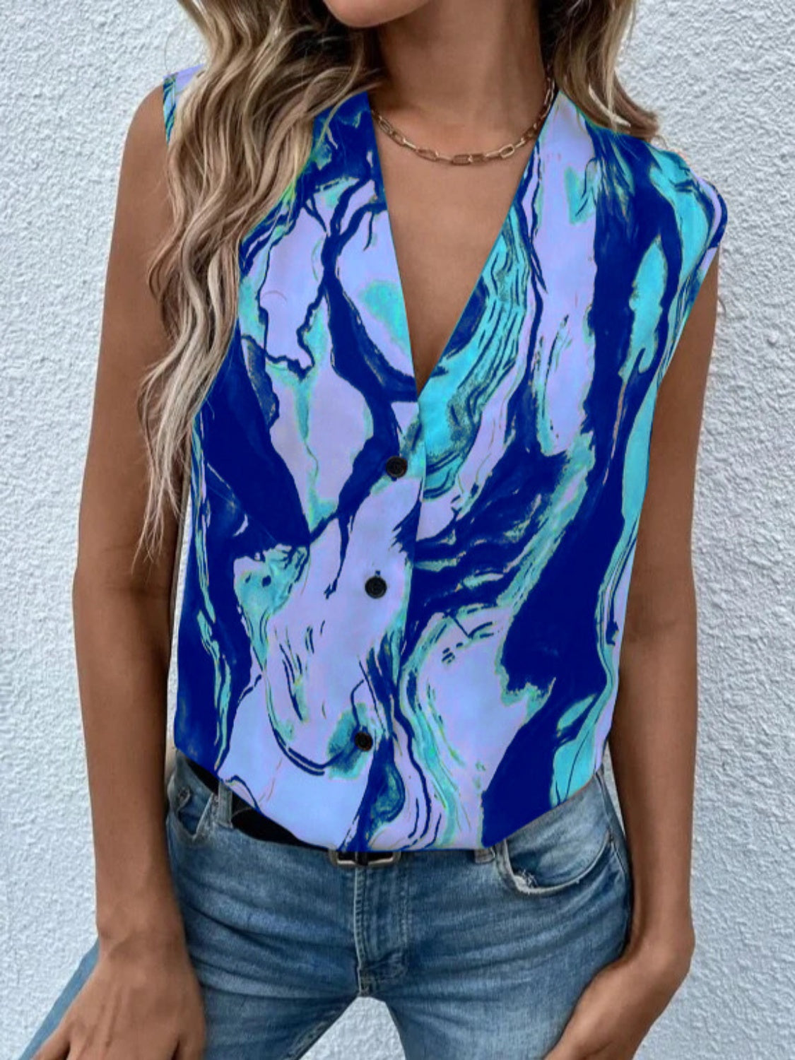 Blue Zone Planet | Full Size Printed Button Up Tank-TOPS / DRESSES-[Adult]-[Female]-Royal Blue-S-2022 Online Blue Zone Planet