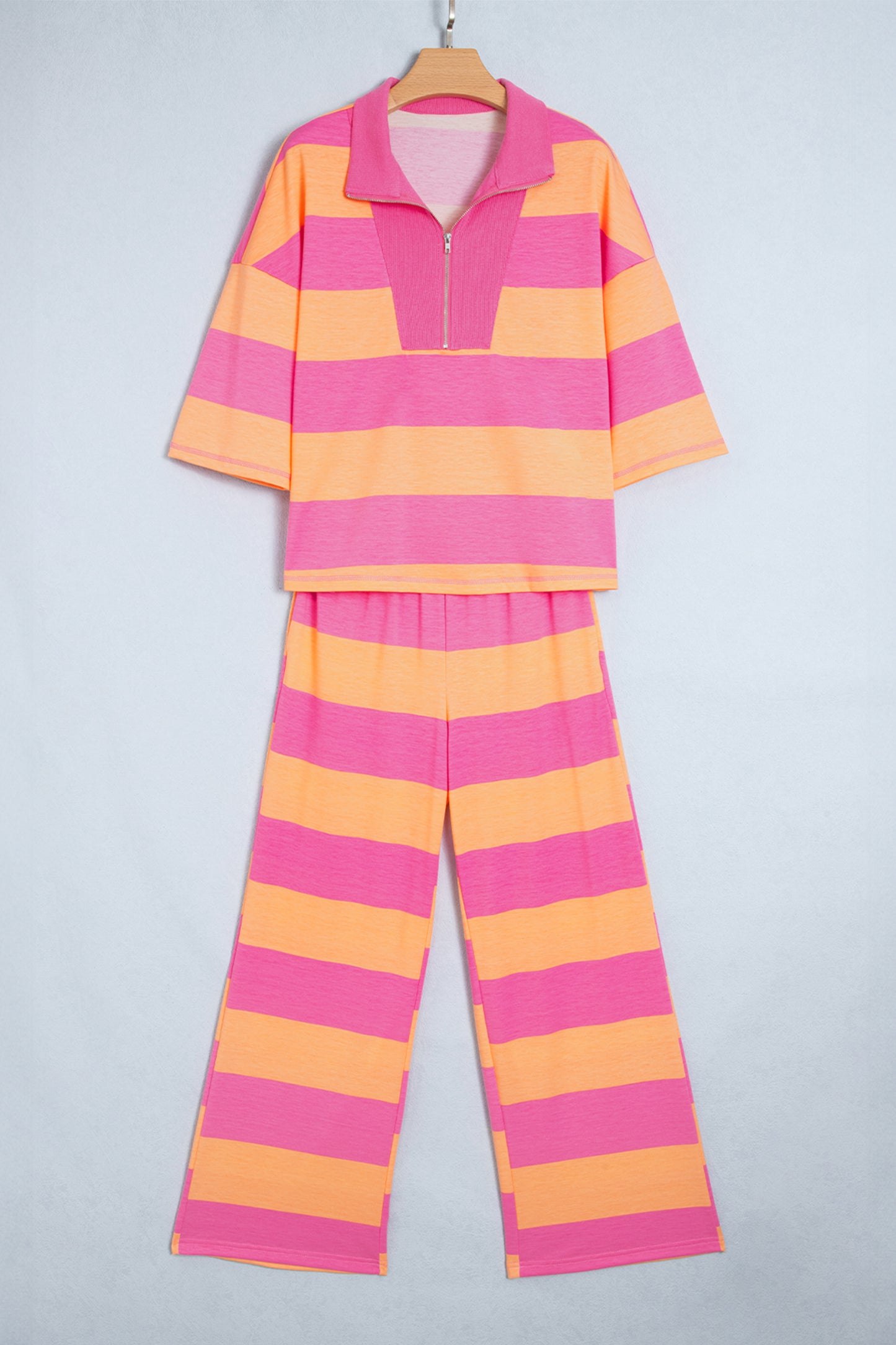 Orange Stripe Colorblock Half Sleeve Top Casual Loose Pants 2pcs Set-Two Piece Sets/Pant Sets-[Adult]-[Female]-2022 Online Blue Zone Planet