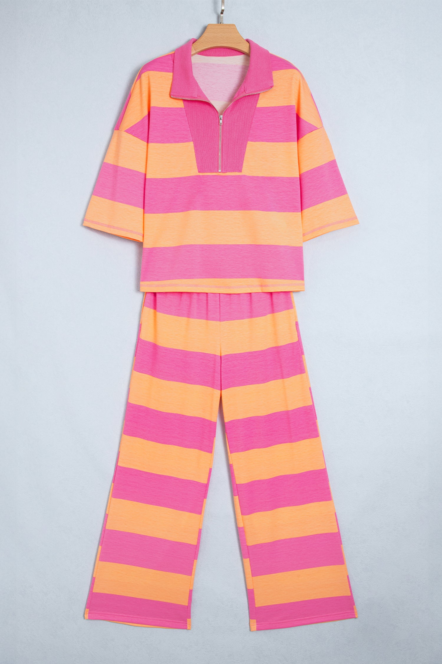 Orange Stripe Colorblock Half Sleeve Top Casual Loose Pants 2pcs Set-Two Piece Sets/Pant Sets-[Adult]-[Female]-2022 Online Blue Zone Planet