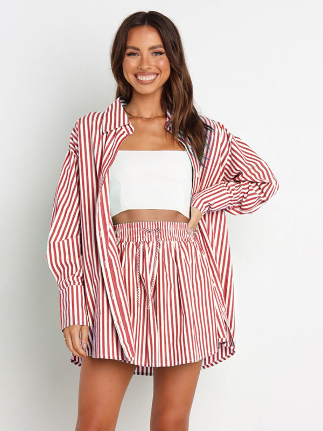 Blue Zone Planet | Striped Dropped Shoulder Shirt and Shorts Set-TOPS / DRESSES-[Adult]-[Female]-Deep Red-S-2022 Online Blue Zone Planet