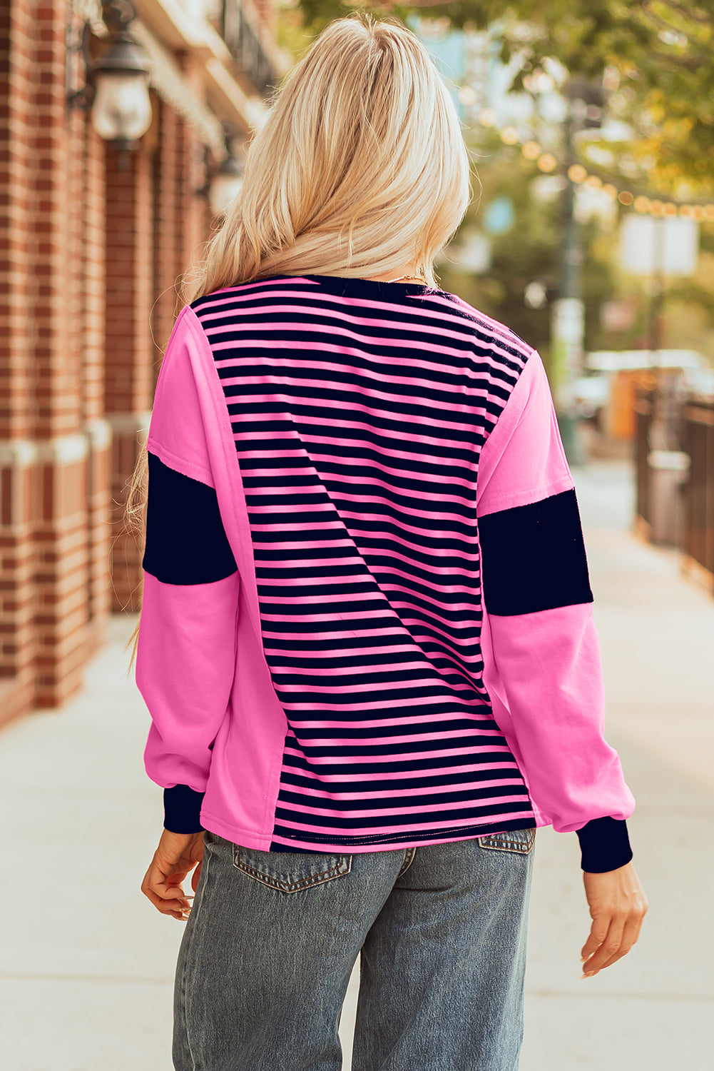 Pink Stripe Color Block V Neck Loose Fit Long Sleeve Top-Tops/Long Sleeve Tops-[Adult]-[Female]-2022 Online Blue Zone Planet