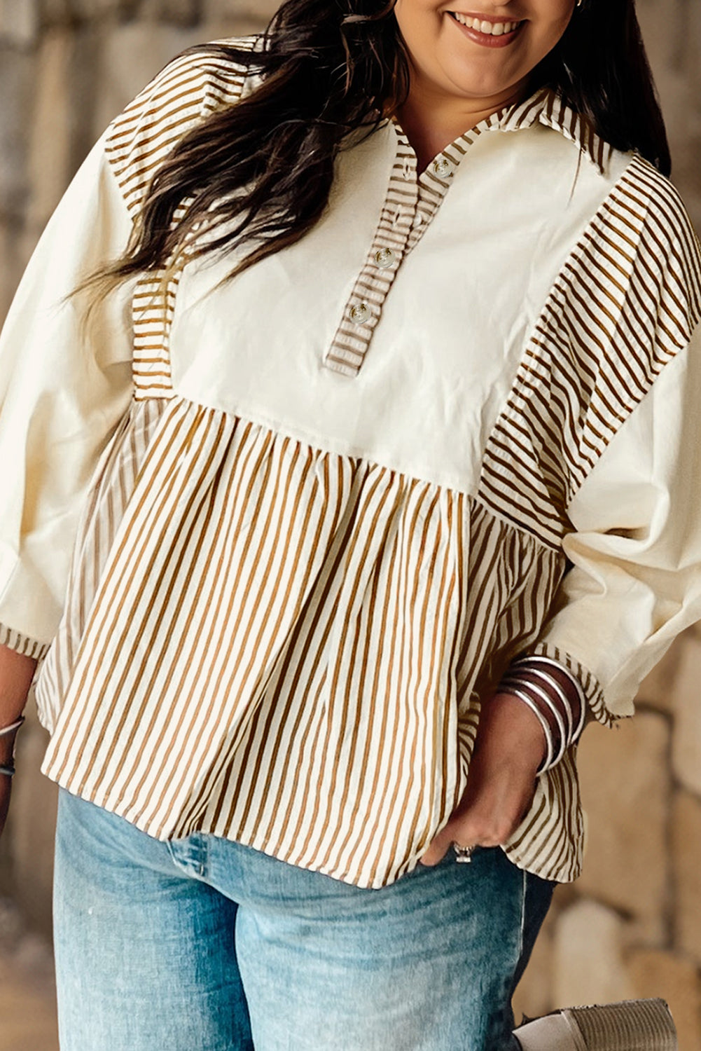 Khaki Stripe Plus Size Color Block Patchwork Half Button Long Sleeve Peplum Blouse-Plus Size/Plus Size Tops/Plus Size Blouses & Shirts-[Adult]-[Female]-2022 Online Blue Zone Planet