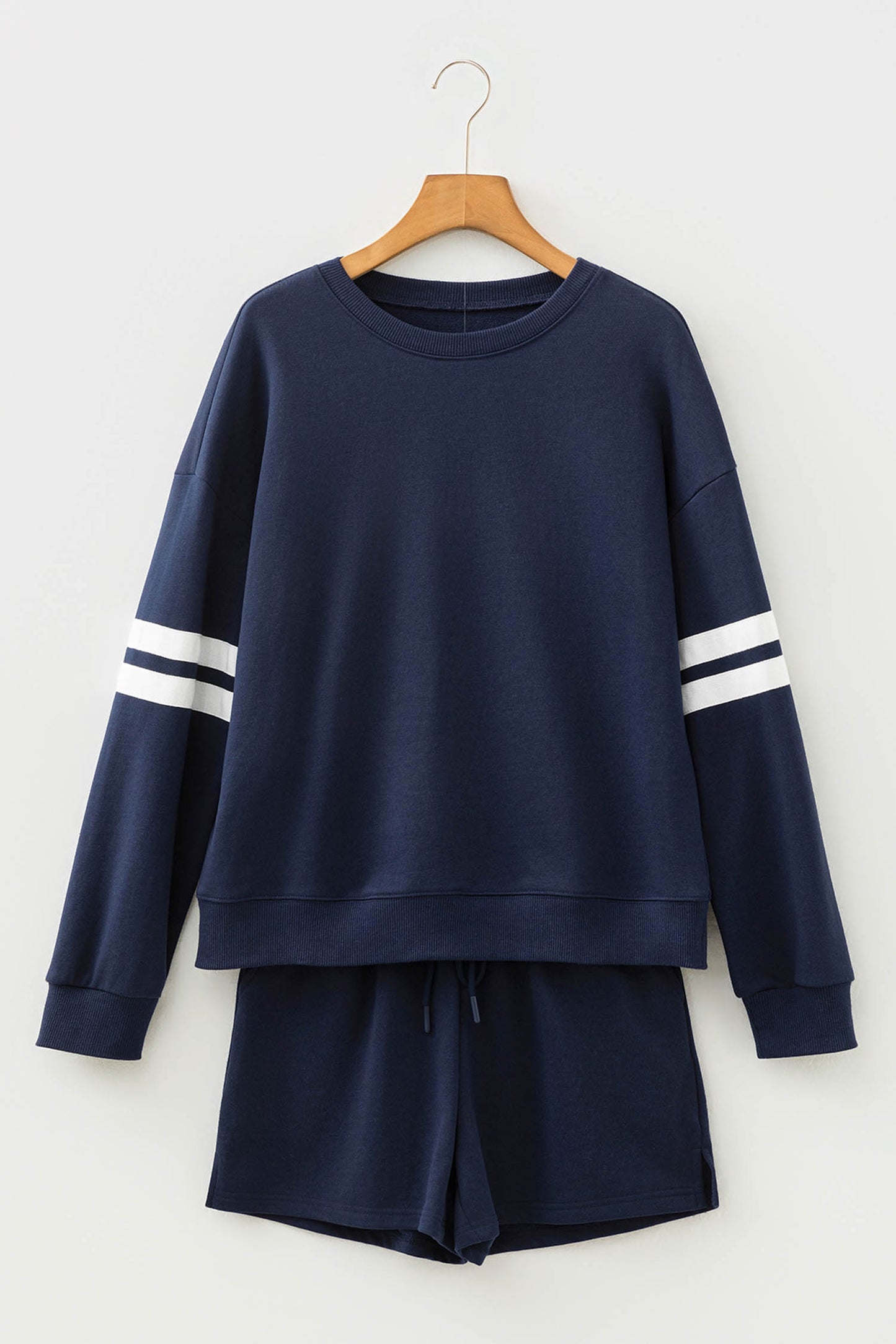 Navy Blue Varsity Striped Sleeve Drop Shoulder Sweatshirt And Short Set-Two Piece Sets/Short Sets-[Adult]-[Female]-2022 Online Blue Zone Planet