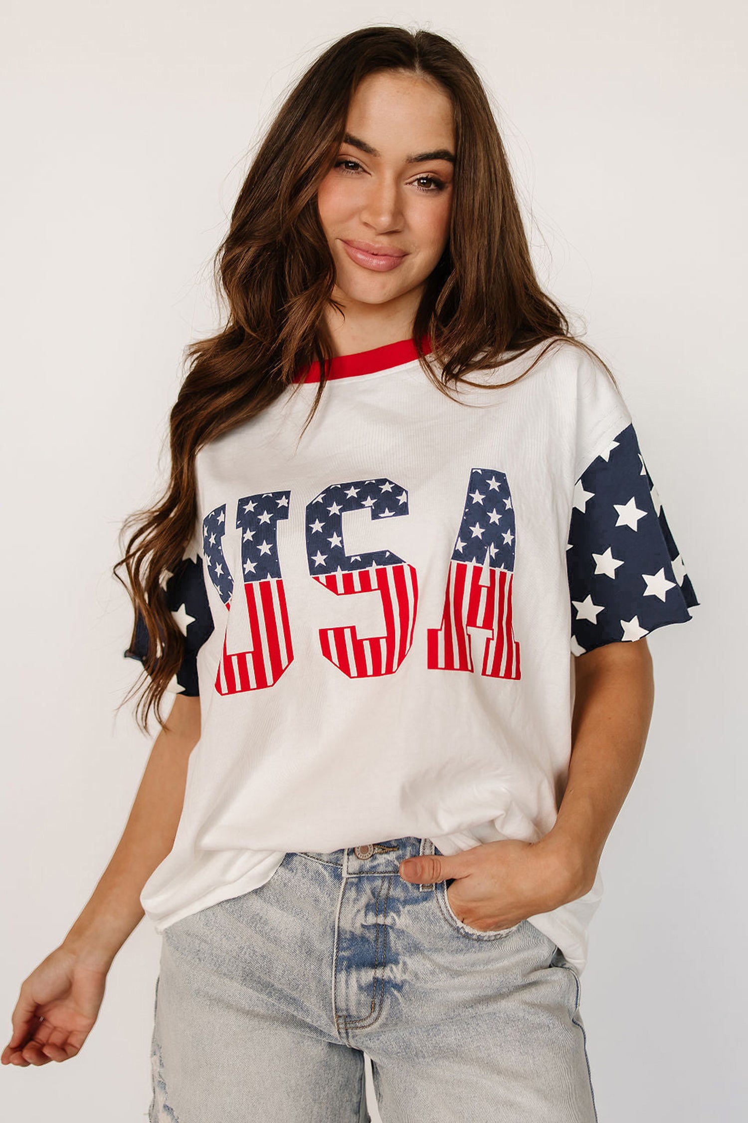 Jet Stream Flag Print Usa Graphic Patchwork Casual Tee-Tops/Tops & Tees-[Adult]-[Female]-2022 Online Blue Zone Planet