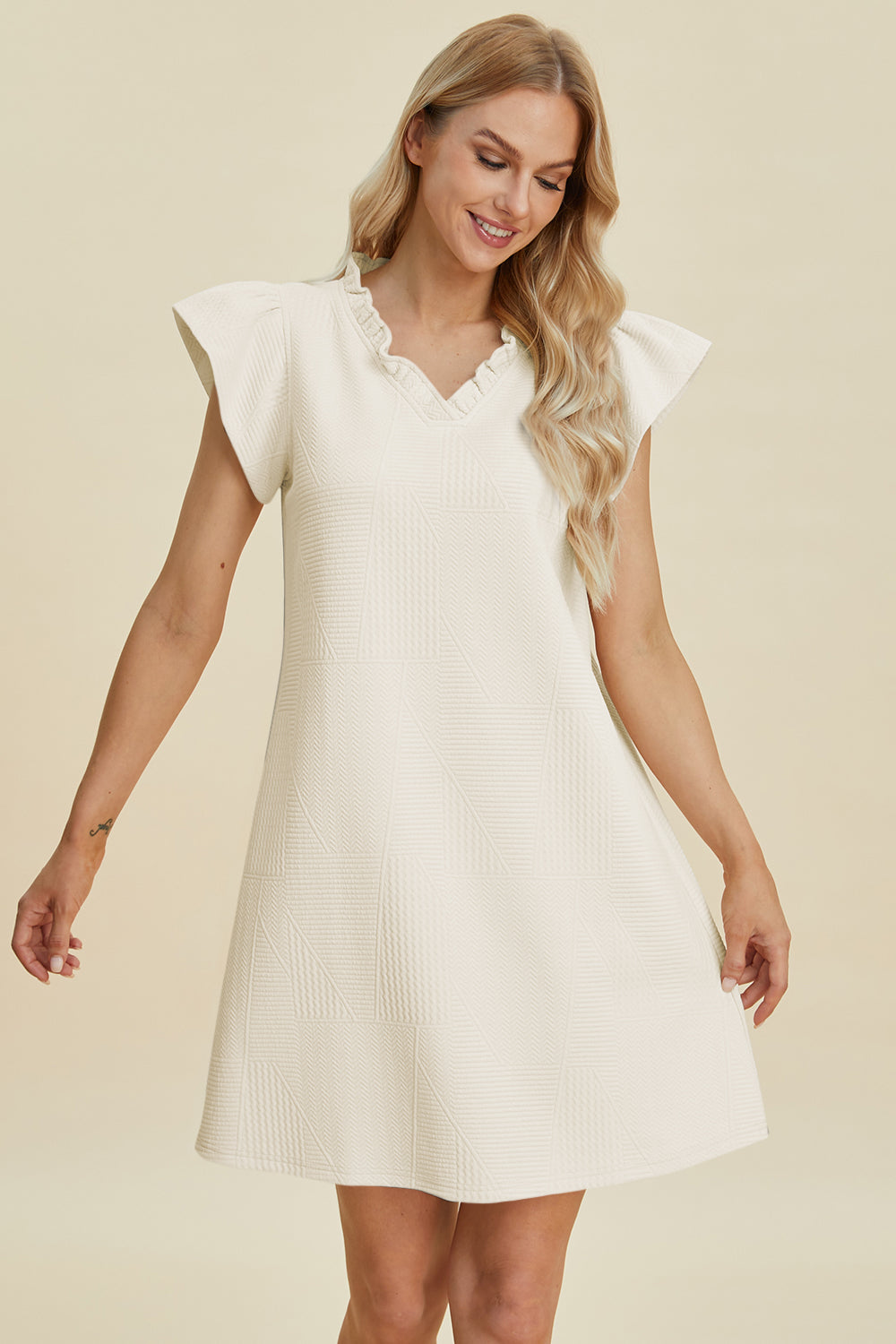 Double Take Full Size Ruffled V-Neck Cap Sleeve Dress-TOPS / DRESSES-[Adult]-[Female]-2022 Online Blue Zone Planet