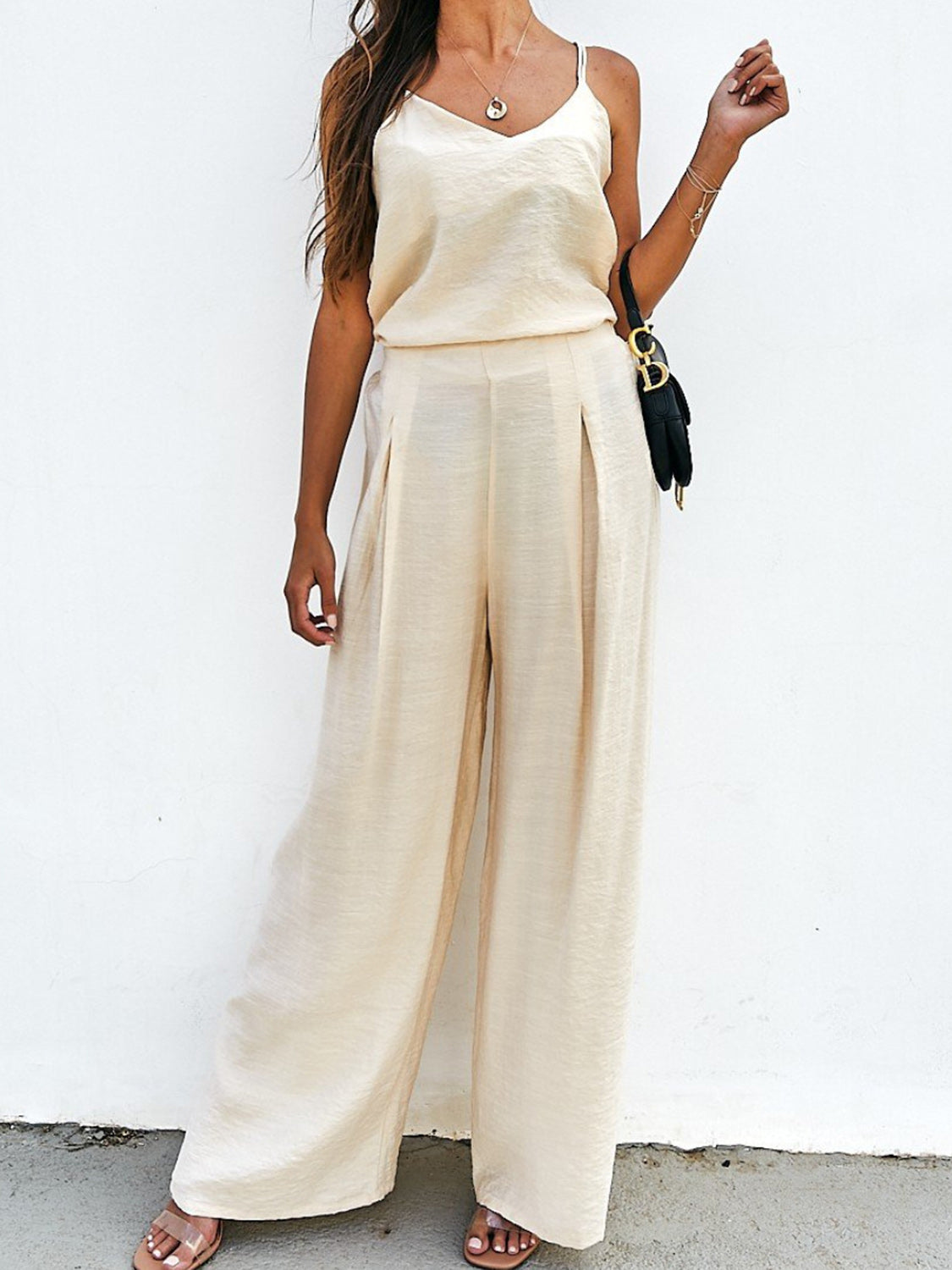 Spaghetti Strap Cami and Wide Leg Pants Set-TOPS / DRESSES-[Adult]-[Female]-Cream-S-2022 Online Blue Zone Planet