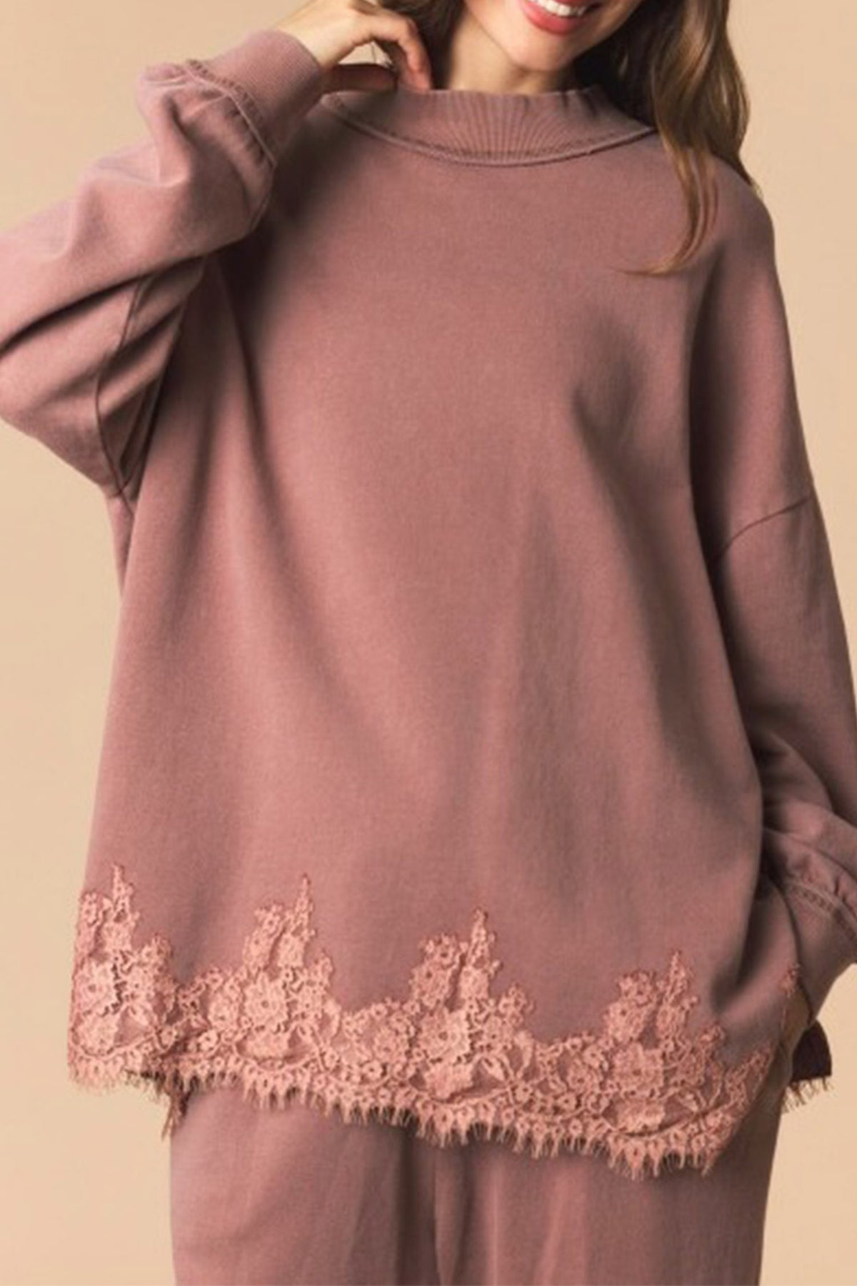 Fushia Solid Color Lace Splicing Hem Mock Neck Pullover Sweatshirt-Tops/Sweatshirts & Hoodies-[Adult]-[Female]-2022 Online Blue Zone Planet