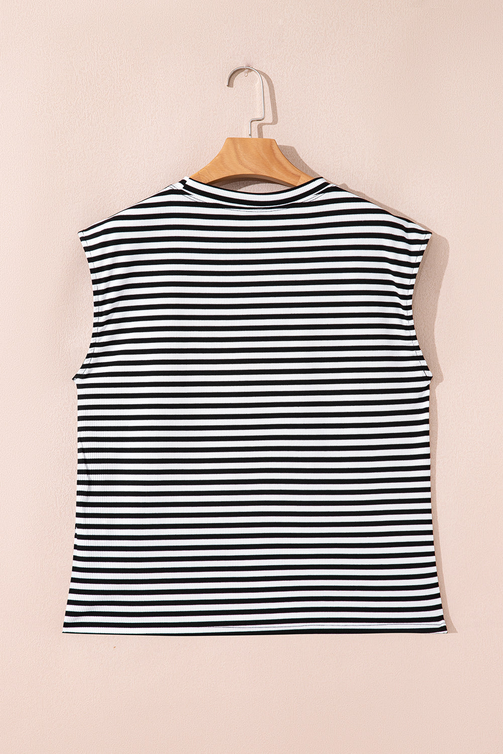 Black Stripe Ribbed Cap Sleeve Round Neck T Shirt-Tops/Tops & Tees-[Adult]-[Female]-2022 Online Blue Zone Planet
