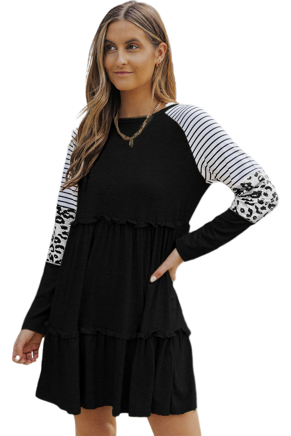 Blue Zone Planet | Black Striped Leopard Patchwork Long Sleeve Mini Dress-TOPS / DRESSES-[Adult]-[Female]-2022 Online Blue Zone Planet