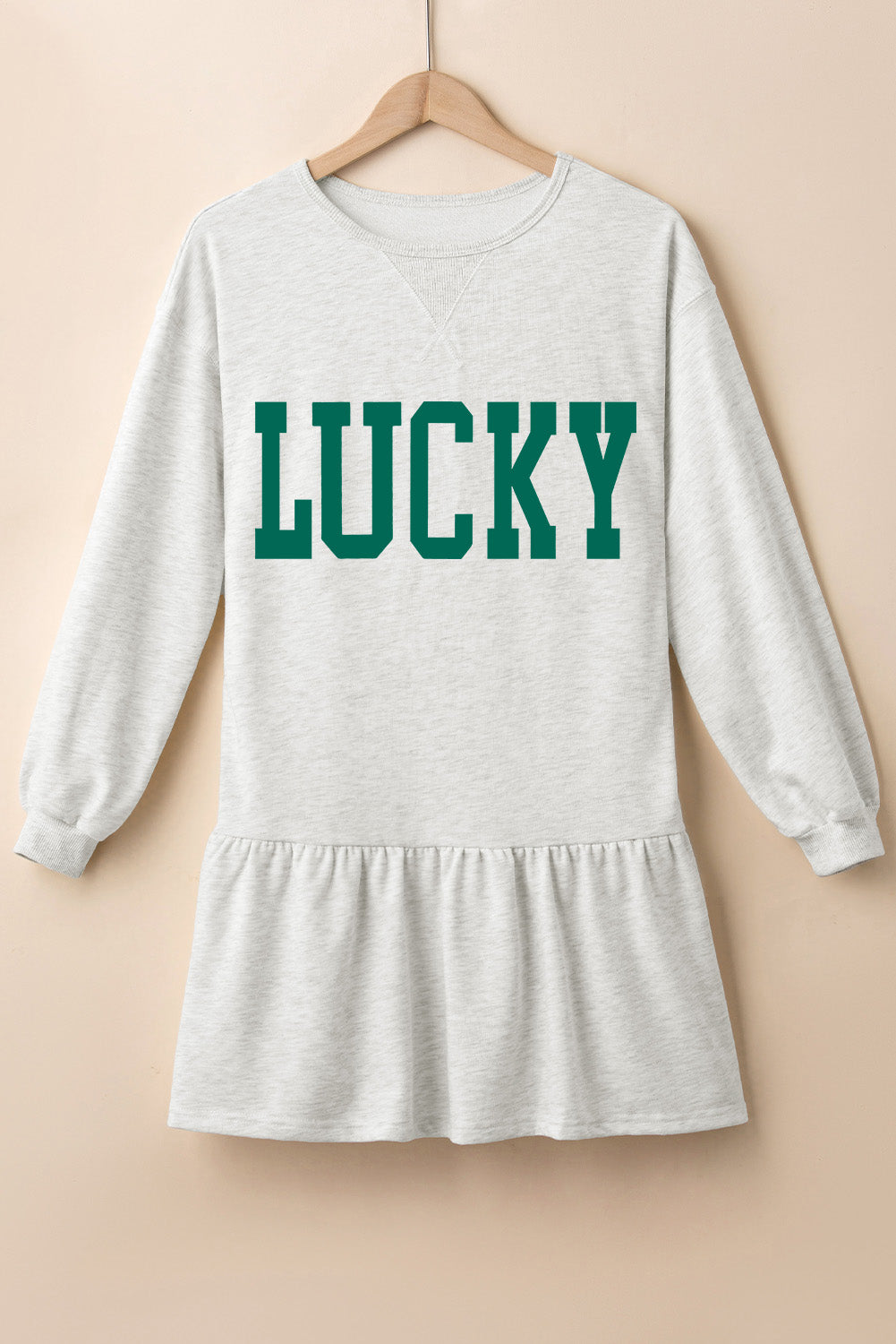 White St Patricks LUCKY Graphic Long Sleeve Ruffle Hem Mini Dress-Graphic Apparel-[Adult]-[Female]-2022 Online Blue Zone Planet