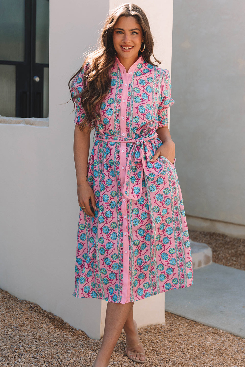 Pink Floral Shirred Puff Sleeve Buttoned Front Midi Dress with Sash-TOPS / DRESSES-[Adult]-[Female]-2022 Online Blue Zone Planet