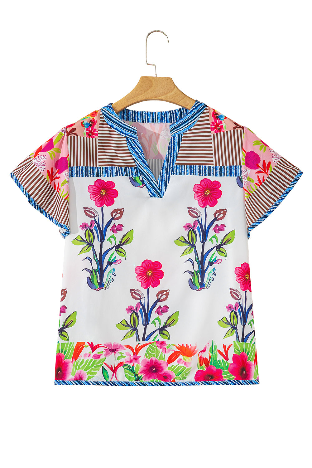 Pink Floral Striped Patchwork Short Sleeve Split Neck Blouse-Tops/Blouses & Shirts-[Adult]-[Female]-2022 Online Blue Zone Planet