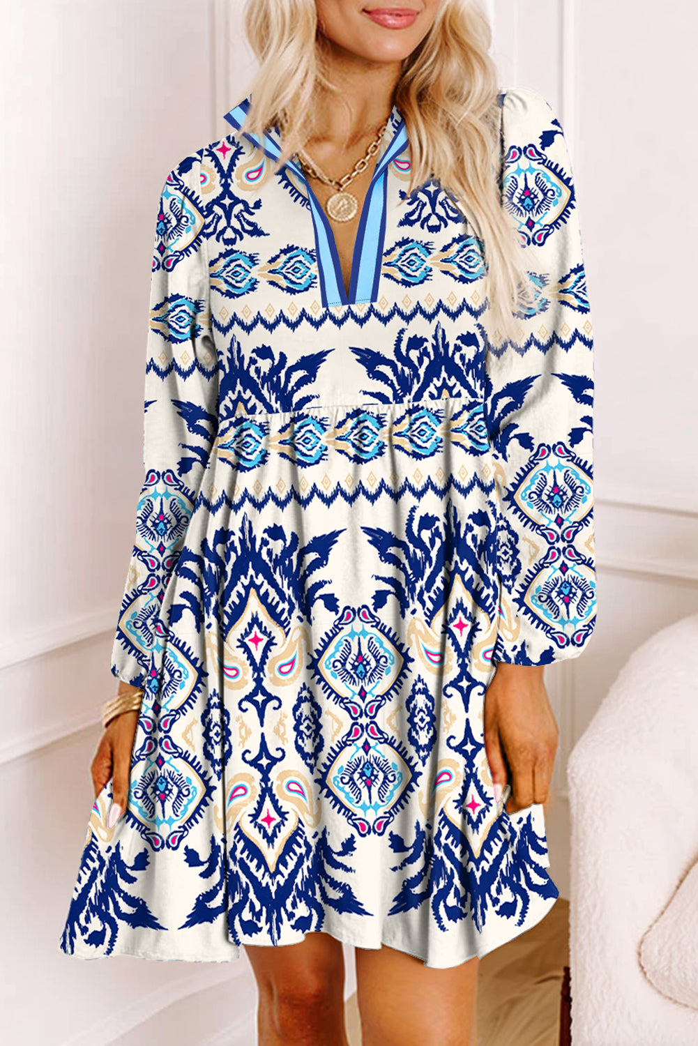 Blue Ethnic Print Striped Split Neck Long Sleeve Flowy Mini Dress-Dresses/Mini Dresses-[Adult]-[Female]-Blue-S-2022 Online Blue Zone Planet