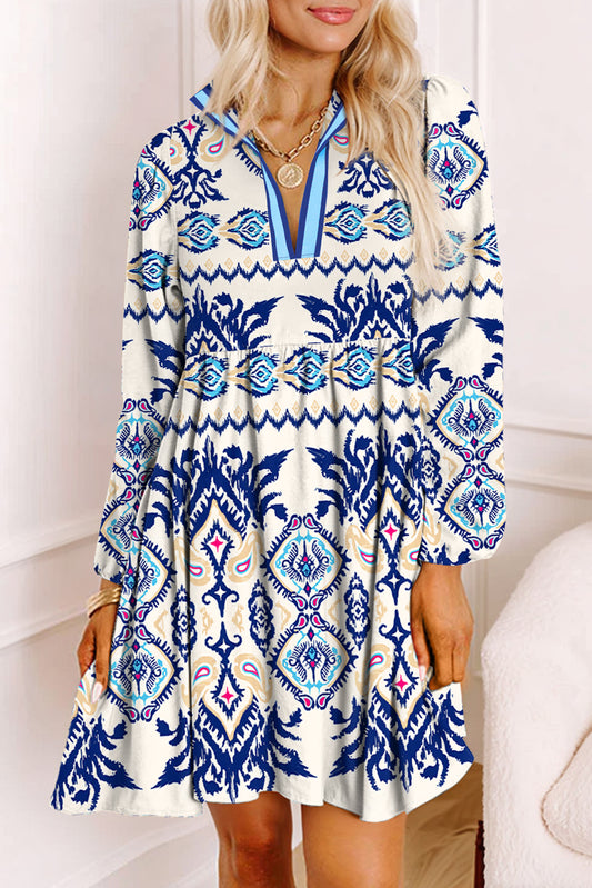 Blue Ethnic Print Striped Split Neck Long Sleeve Flowy Mini Dress-Dresses/Mini Dresses-[Adult]-[Female]-Blue-S-2022 Online Blue Zone Planet