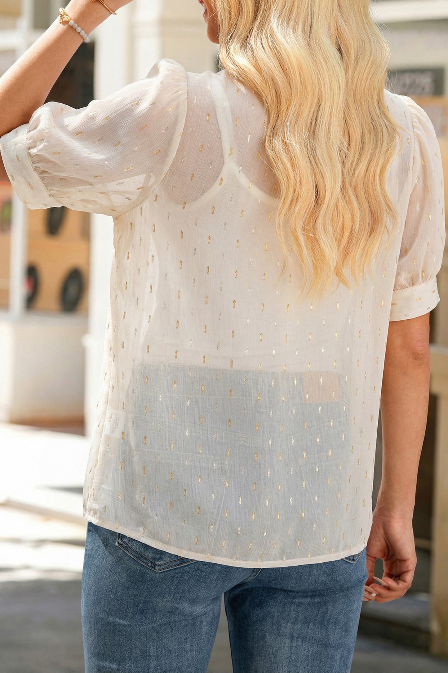 Yellow Cream Metallic Jacquard Short Sleeve Shirt