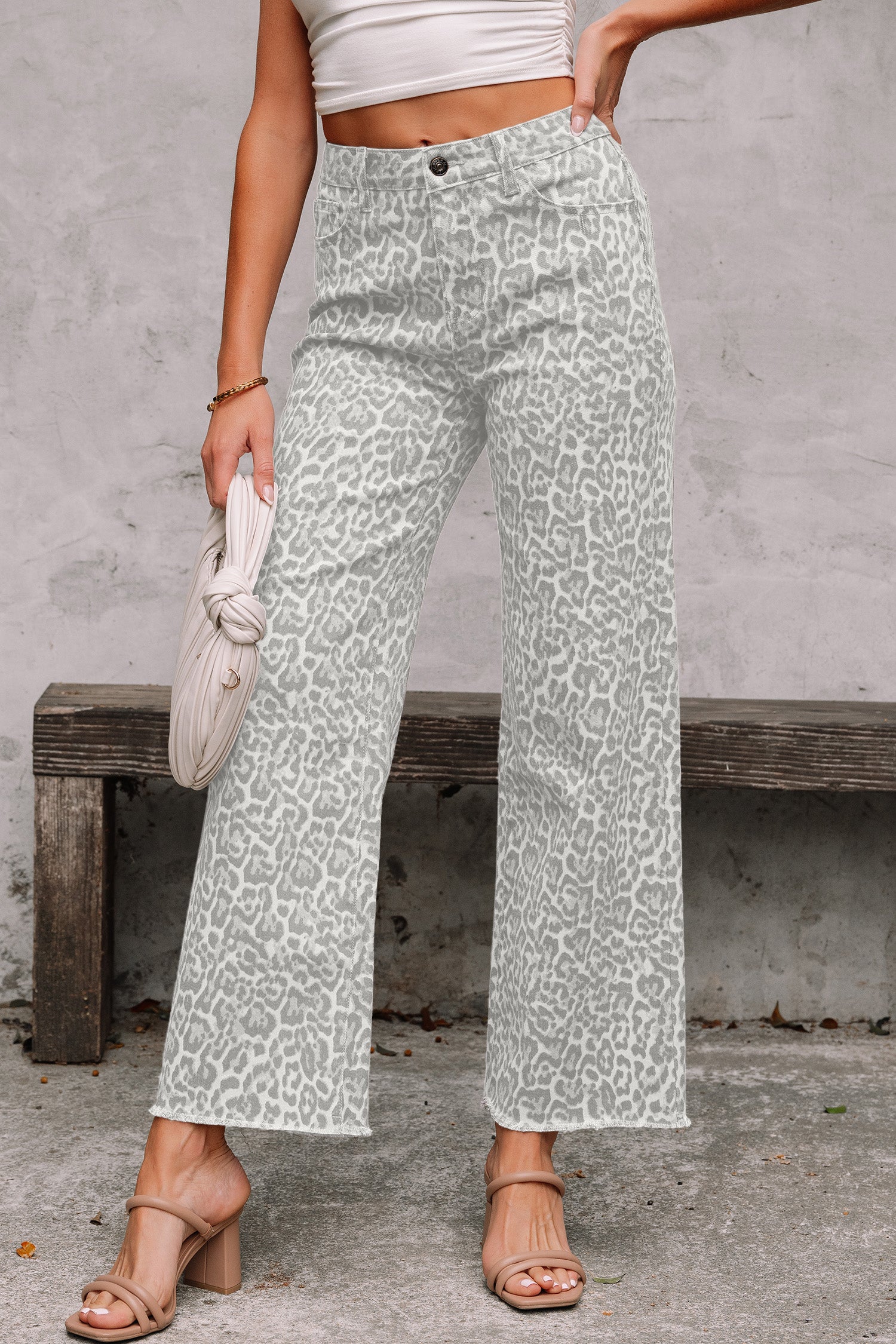 Gray Leopard Frayed Edge Wide Leg High Waist Jeans-Bottoms/Jeans-[Adult]-[Female]-Gray-4-2022 Online Blue Zone Planet