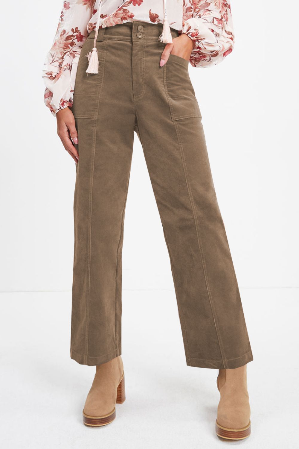 Blue Zone Planet | Half Elastic Waist Straight Pants-BOTTOM SIZES SMALL MEDIUM LARGE-[Adult]-[Female]-Taupe-L-2022 Online Blue Zone Planet