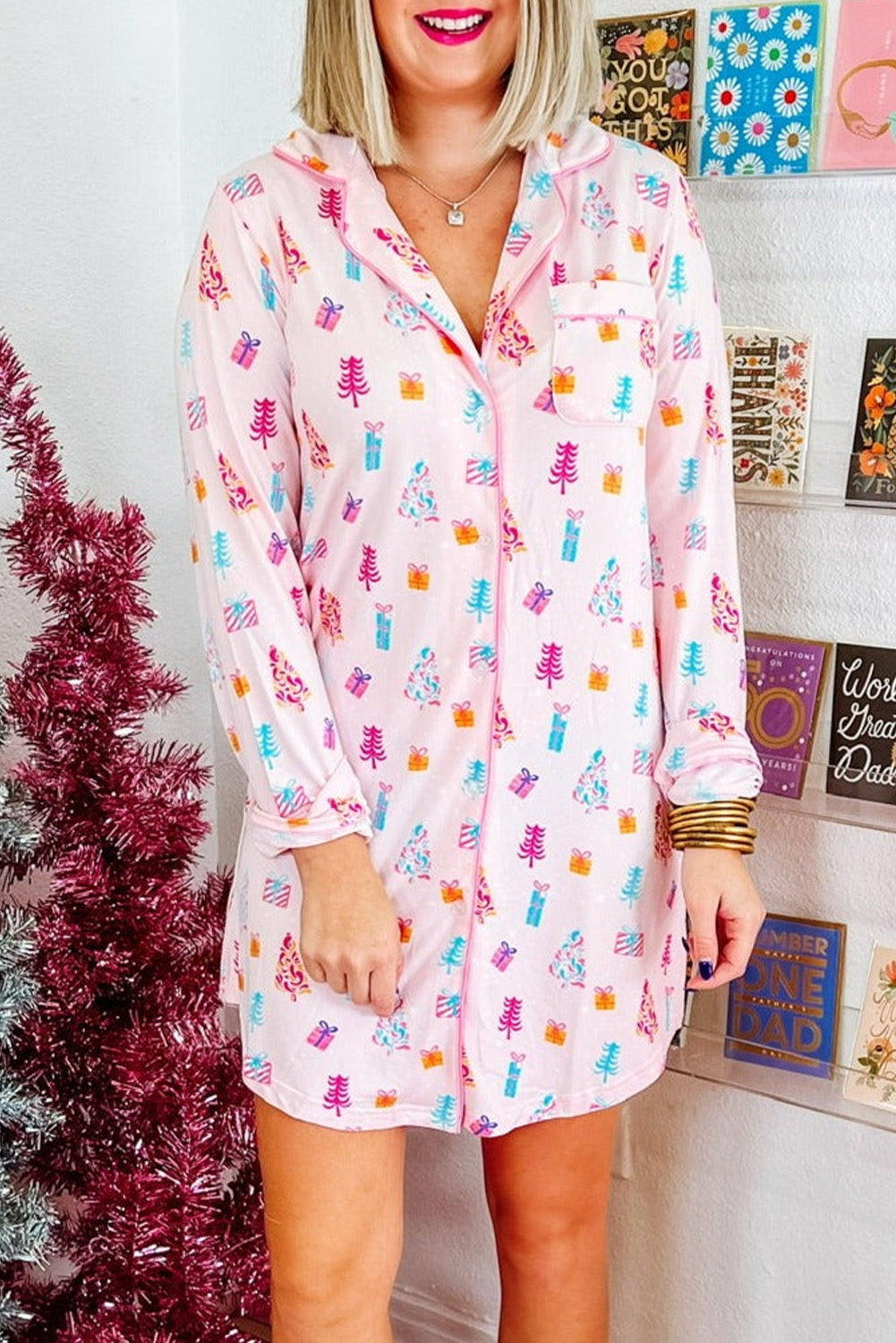 Blue Zone Planet | Pink Christmas Twinkle Tree Print Shirt Sleep Dress-TOPS / DRESSES-[Adult]-[Female]-Pink-S-2022 Online Blue Zone Planet